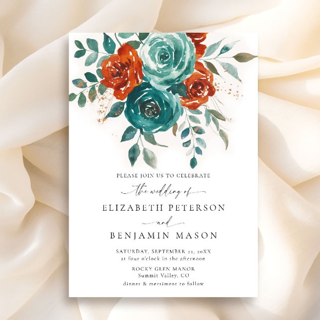 Fall Teal Burnt Orange Floral Elegant Wedding Invitation (fall wedding invitation teal burnt orange terracotta watercolor floral botanical earthy garden chic)