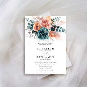 Fall Teal Burnt Orange Floral Watercolor Wedding Invitation