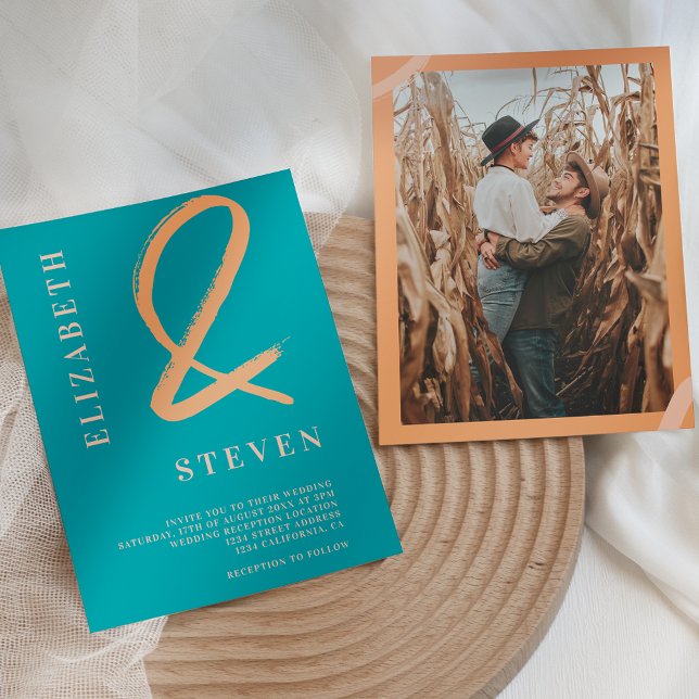 Fall teal orange ampersand names photo wedding invitation (Creator Uploaded)