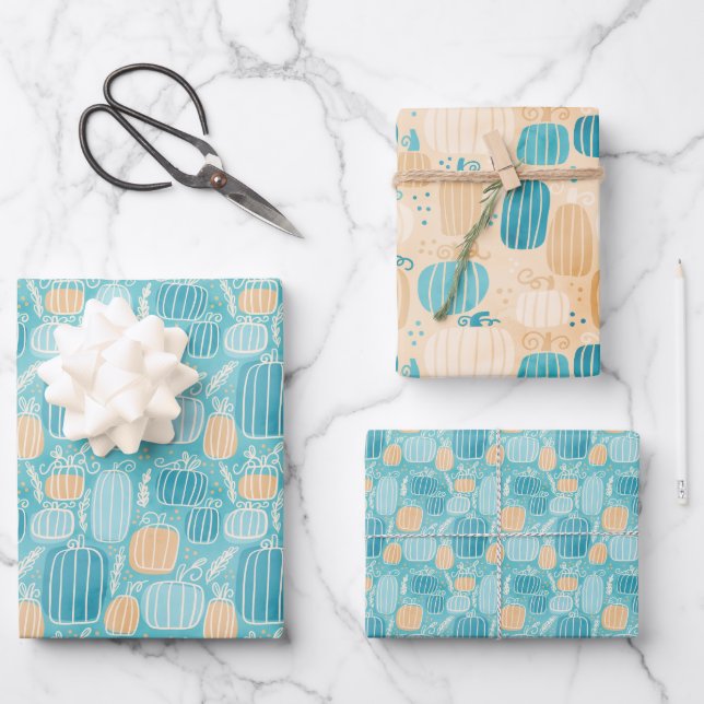 Fall Teal Pumpkins Wrapping Paper Sheet (Front)