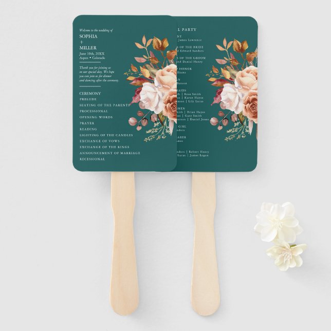 Fall Teal Watercolor Terracotta Floral wedding Hand Fan (Front and Back)