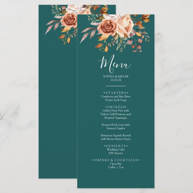 Fall Teal Watercolor Terracotta Floral wedding Menu (Front/Back)