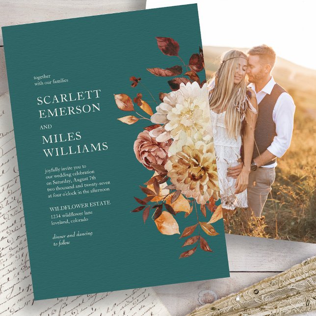 Fall Teal Wedding Invitation (Fall Teal Floral Photo Wedding Invitation by Painted Paperie
)