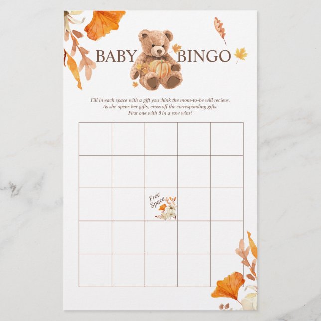Fall Teddy Bear BINGO Baby Shower Game Flyer (Front)