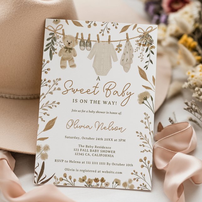 Fall Teddy Bear Clothesline Baby Shower Invitation (Fall Teddy Bear Clothesline Baby Shower Invitation)