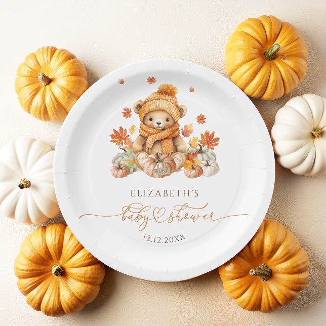 Fall Teddy Bear with Pumpkins Baby Shower Paper Plate (Creator Uploaded)