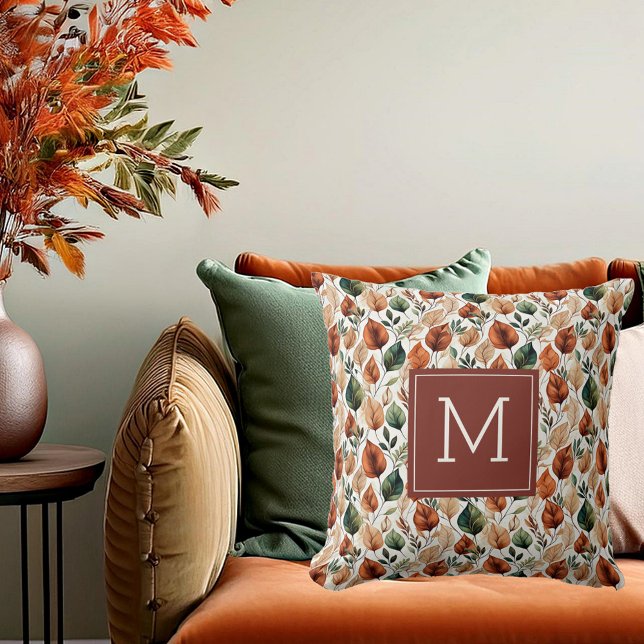 Fall terra cotta and sage leaves pattern monogram cushion (Creator Uploaded)