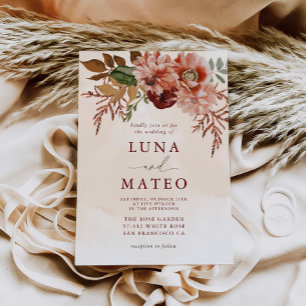 Fall Terracotta and Burgundy Floral Wedding Invitation