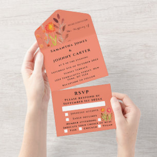 Fall Terracotta Autumn Orange Flowers boho Chic All In One Invitation