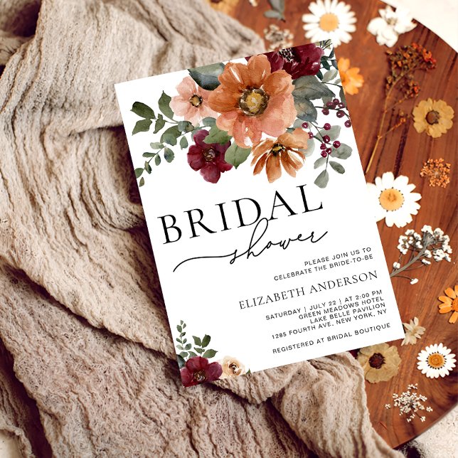 Fall Terracotta Burgundy Floral Bridal Shower Invitation (Creator Uploaded)
