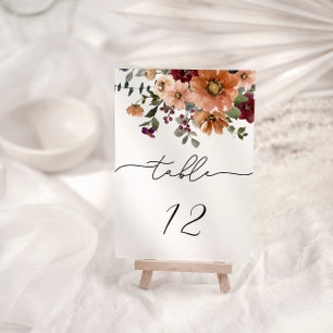 Fall Terracotta Burgundy Floral Wedding Table Number