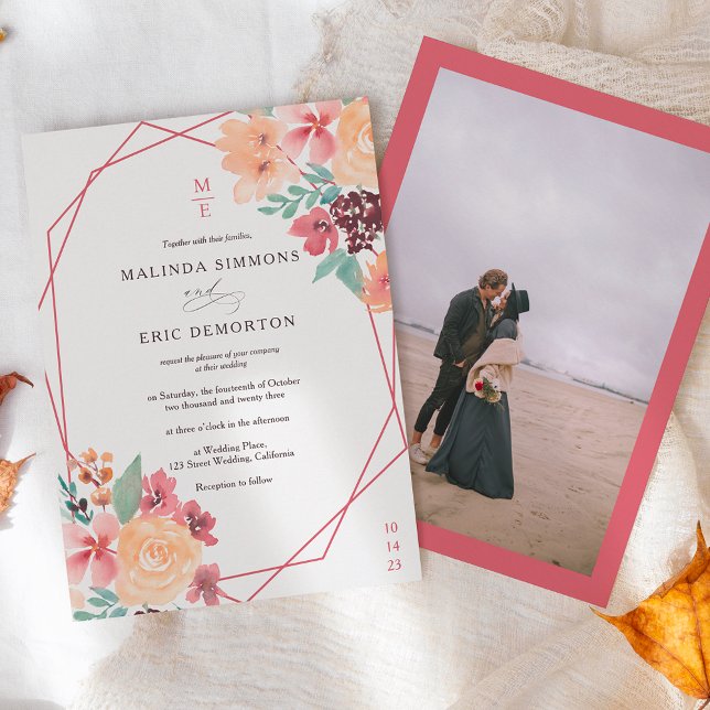 Fall terracotta floral watercolor photo wedding invitation (Creator Uploaded)