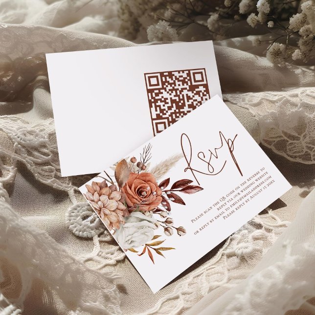 Fall Terracotta Florals QR Code Wedding RSVP  Card (Front and back view)