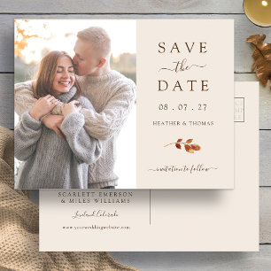 Fall Terracotta Leaves Wedding Photo Save The Date Announcement Postcard