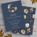 Fall Terracotta Monogram Wreath Wedding Invitation<br><div class="desc">Navy Blue Fall Terracotta Monogram Wreath Wedding Invitation. This elegant and rustic wedding invitation features hand-painted watercolor burnt orange and terracotta leaves, cream and beige dahlias, and beautiful rust-coloured roses perfect for a fall or autumn wedding! The back of the invite has a beautiful leaf and floral pattern on a...</div>