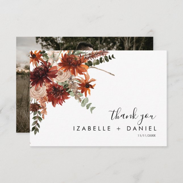Fall Terracotta Photo Wedding Thank You Card (Front/Back)