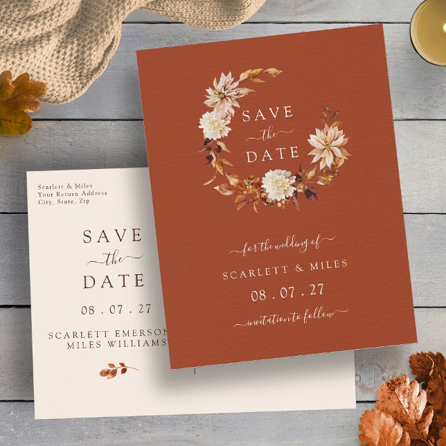 Fall Terracotta Wreath Wedding Save the Dates Announcement Postcard (Fall Terracotta Wreath Wedding Save the Dates Announcement Postcard
by Painted Paperie)
