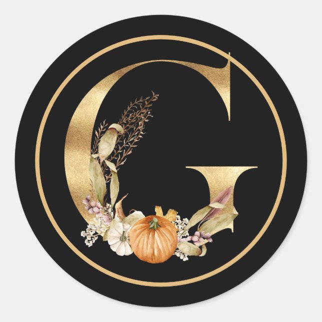 FALL THEME GOLD MONOGRAM G WITH PUMPKINS  CLASSIC ROUND STICKER (Front)