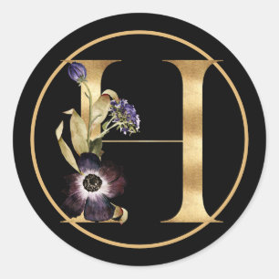 FALL THEME GOLD MONOGRAM H WITH FLORAL ARRANGEMENT CLASSIC ROUND STICKER