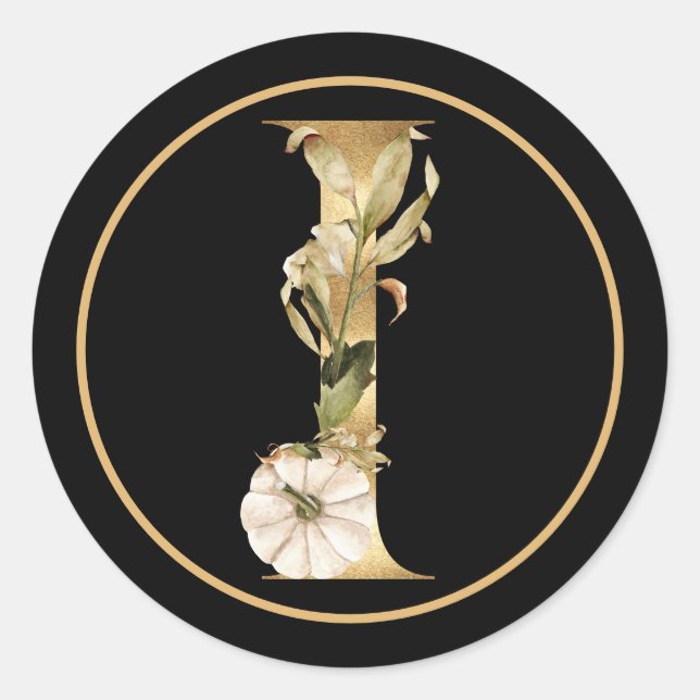 FALL THEME GOLD MONOGRAM I WITH PUMPKINS  CLASSIC ROUND STICKER (Front)