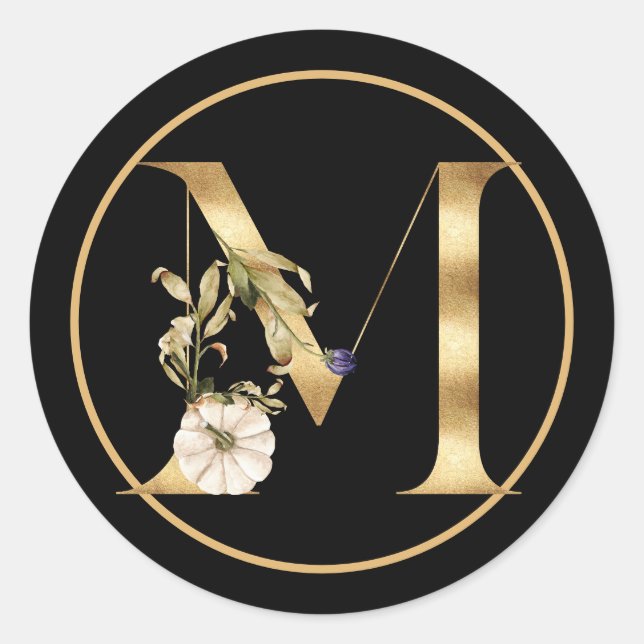 FALL THEME GOLD MONOGRAM M WITH PUMPKINS  CLASSIC ROUND STICKER (Front)
