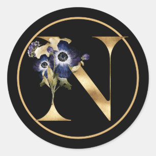 FALL THEME GOLD MONOGRAM N WITH FLORAL ARRANGEMENT CLASSIC ROUND STICKER