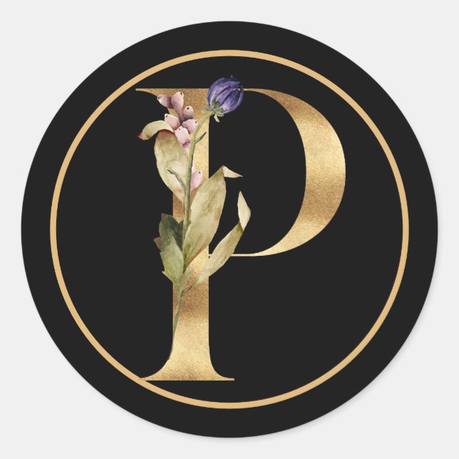 FALL THEME GOLD MONOGRAM P WITH FLORAL ARRANGEMENT CLASSIC ROUND STICKER (Front)