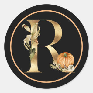 FALL THEME MONOGRAM R WITH PUMPKIN CLASSIC ROUND STICKER