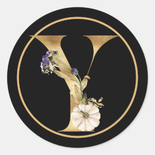 FALL THEME MONOGRAM Y WITH WHITE PUMPKIN CLASSIC ROUND STICKER