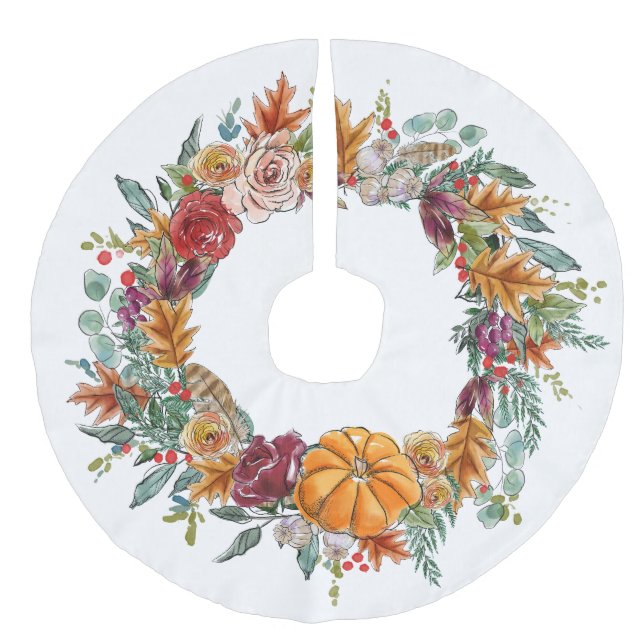 Fall Theme Wreath with Pumpkin Autumn Colours Faux Linen Tree Skirt (Front)