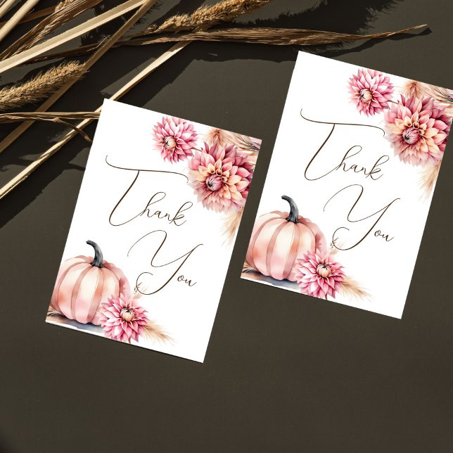 Fall themed boho bridal shower wedding thank you card (Fall themed bridal shower wedding thank you cards boho earthy desert pink pumpkin dahlias pampas)
