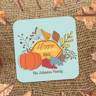 Fall-Themed Leaves Berries Pumpkin Thanksgiving Square Sticker