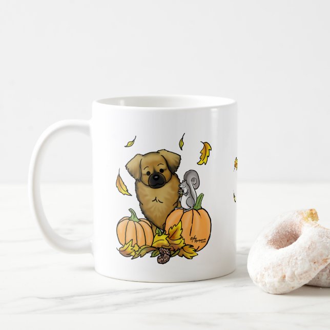 Fall Tibetan Spaniel (Brown) Dog Pumpkins Cute Coffee Mug (With Donut)