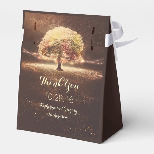 Fall Tree and Rustic String Lights Dreamy Wedding Favour Box (Back Side)
