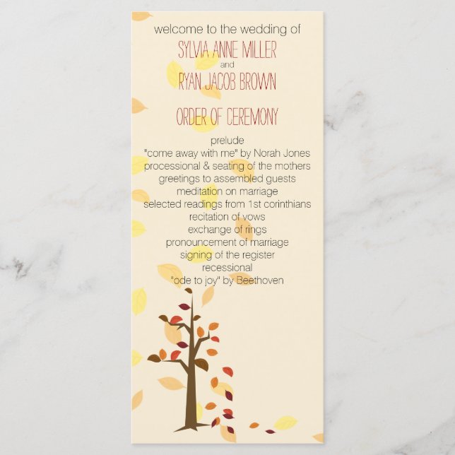 fall tree, autumn brown leaves  wedding program programme (Front)