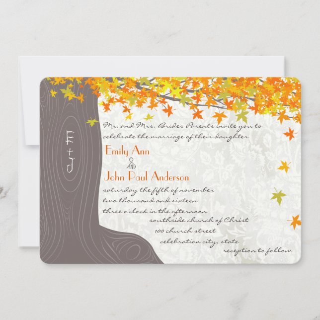 Fall Tree Initials In Trunk Yellow Orange Leaves Invitation (Front)