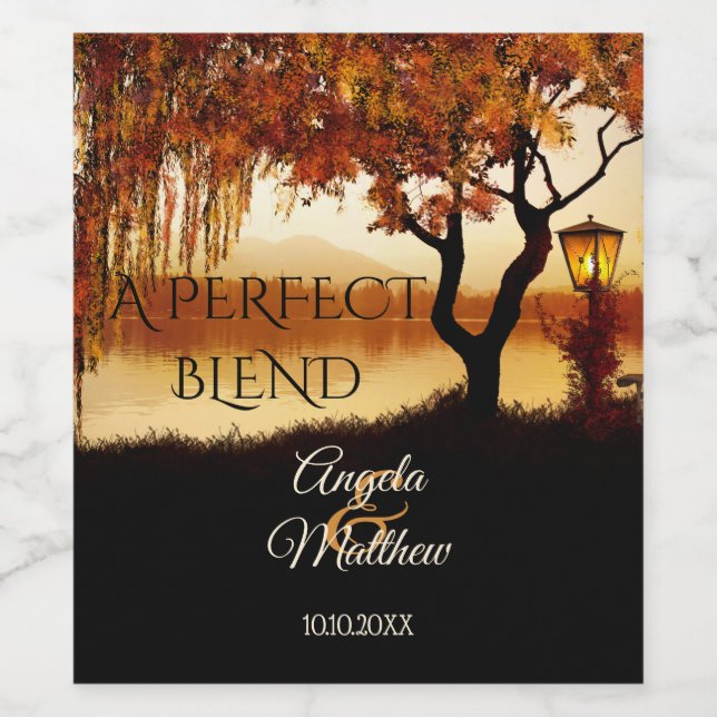 Fall Tree Lake View Wedding Wine Label (Single Label)