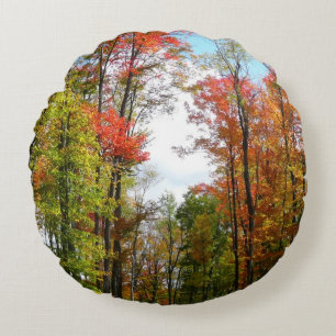 Fall Trees and Blue Sky Autumn Nature Photography Round Cushion