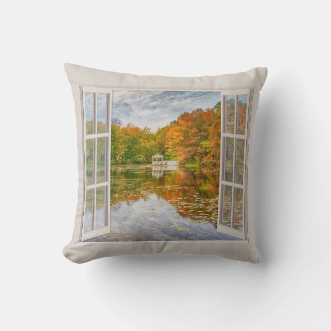 Fall trees and lake through open window  cushion (Front)