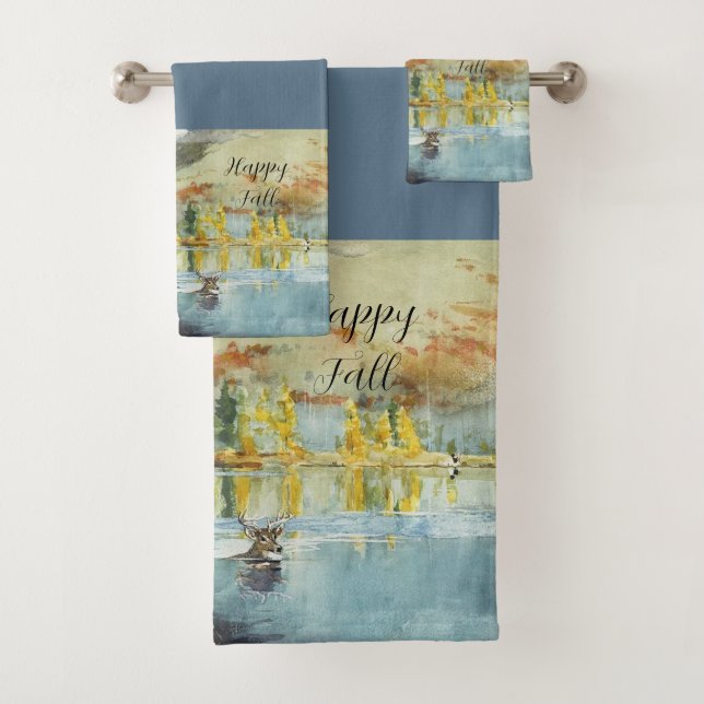Fall trees and swimming elk with customisable text bath towel set (Insitu)