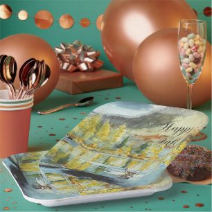 Fall trees and swimming elk with customisable text paper plate