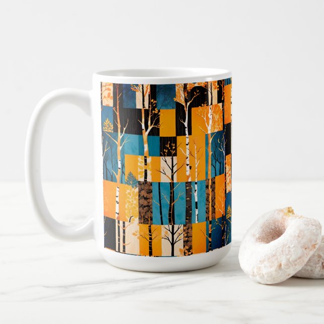 Fall Trees Autumn Leaf Colours Patchwork Pattern Coffee Mug (With Donut)