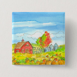 Fall Trees Pumpkin Patch Red Barn 15 Cm Square Badge