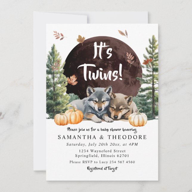 Fall Twins Wolf Welcome To The Pack Baby Shower Invitation (Front)