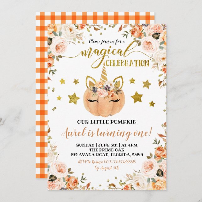 Fall Unicorn Pumpkin Girl Birthday Invitation (Front/Back)