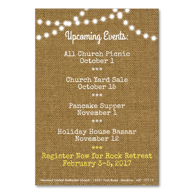 Fall Upcoming Events Church Table Card (Back)