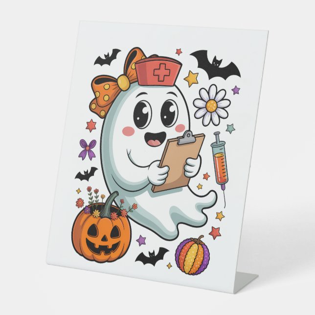 Fall Vibes Ghost Nurse Autumn Pedestal Sign (Front)