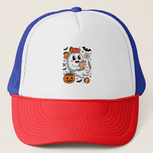 Fall Vibes Ghost Nurse Autumn Trucker Hat (Front)