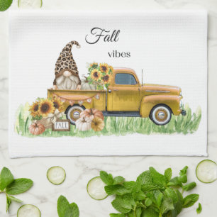 Fall Vibes Leopard Gnome Sunflower Yellow Pickup Tea Towel