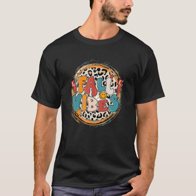 Fall Vibes Retro Leopard Fall Lightning Bolt Happy T-Shirt (Front)